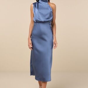 Lulus Distinctive Charm Slate Blue Satin Asymmetrical Midi Dress - Size M